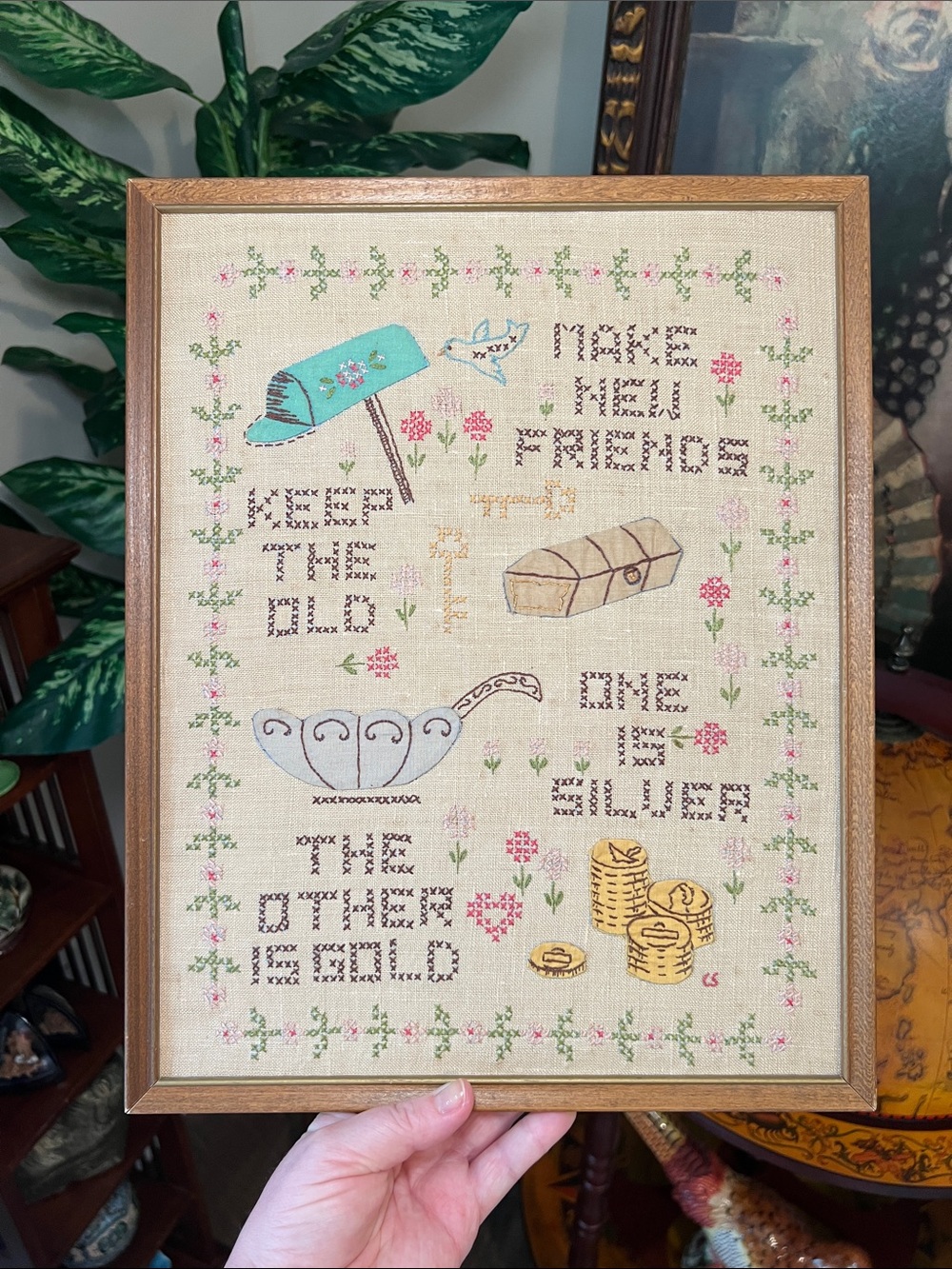 Vintage Cottagecore Wood Framed Embroidery Make New Friends Keep the Old